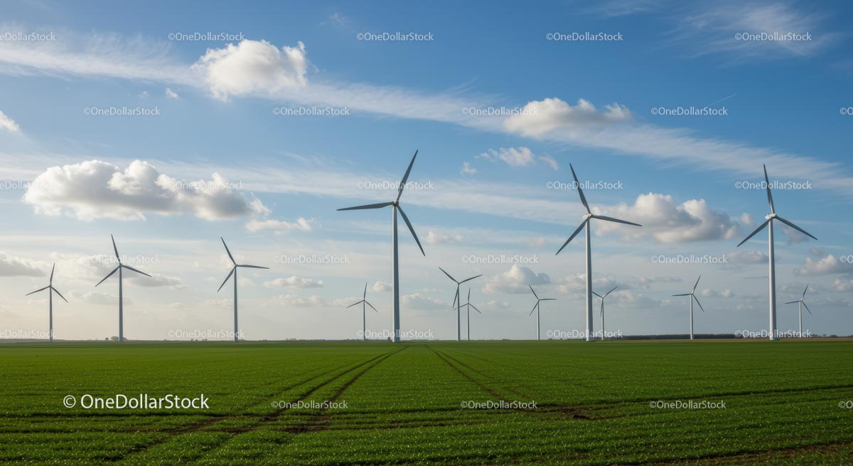 Turbiny wiatrowe na zielonym polu pod błękitnym niebem