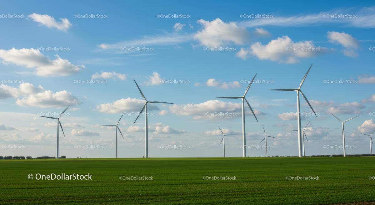 Wind Turbines on a Green Field Under Blue Sky