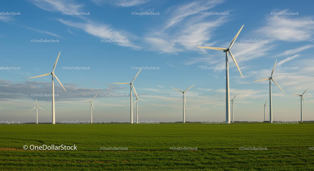 Wind Turbines in a Green Field Under Blue Sky