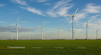 Wind Turbines in a Green Field Under Blue Sky