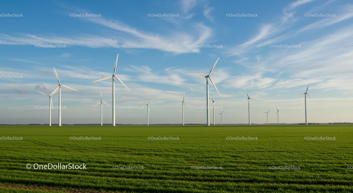 Wind Turbines on a Sunny Day Across a Vast Green Field