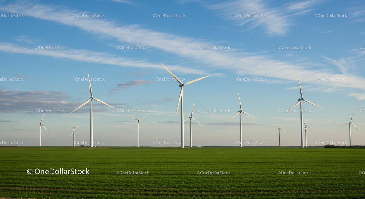 Wind Turbines in a Vast Green Field Under Blue Skies