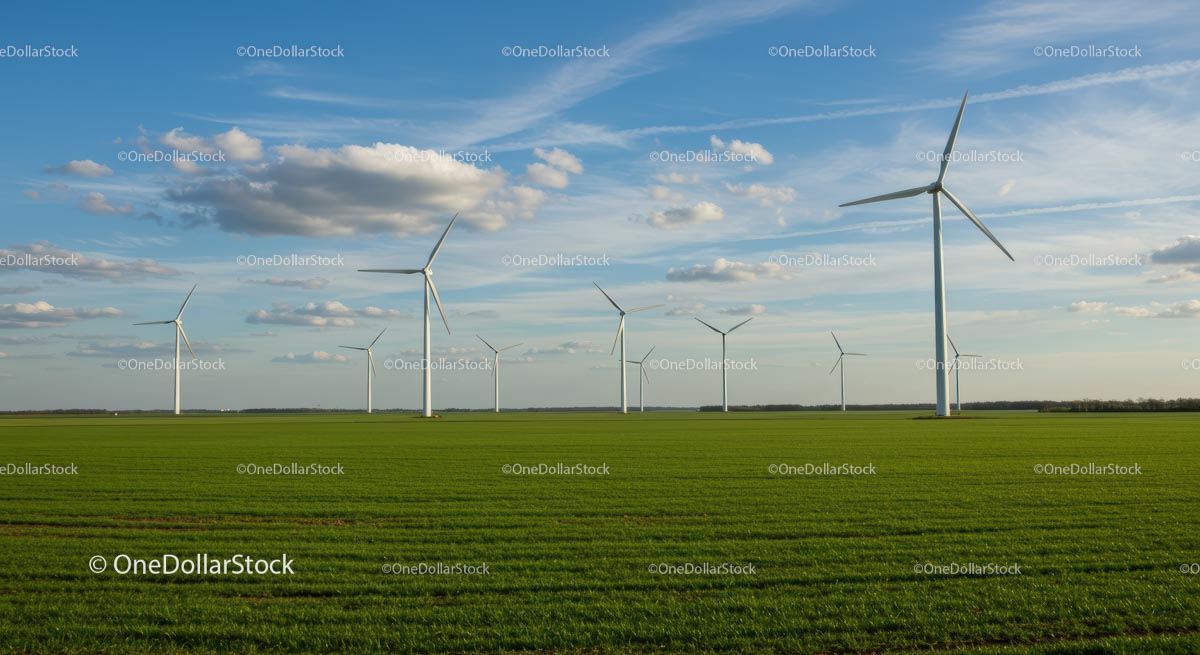 Wind Turbines on a Vast Green Field Under Blue Sky