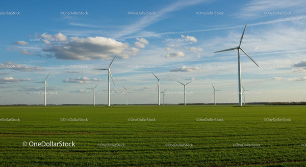 Turbiny wiatrowe na rozległym zielonym polu pod błękitnym niebem