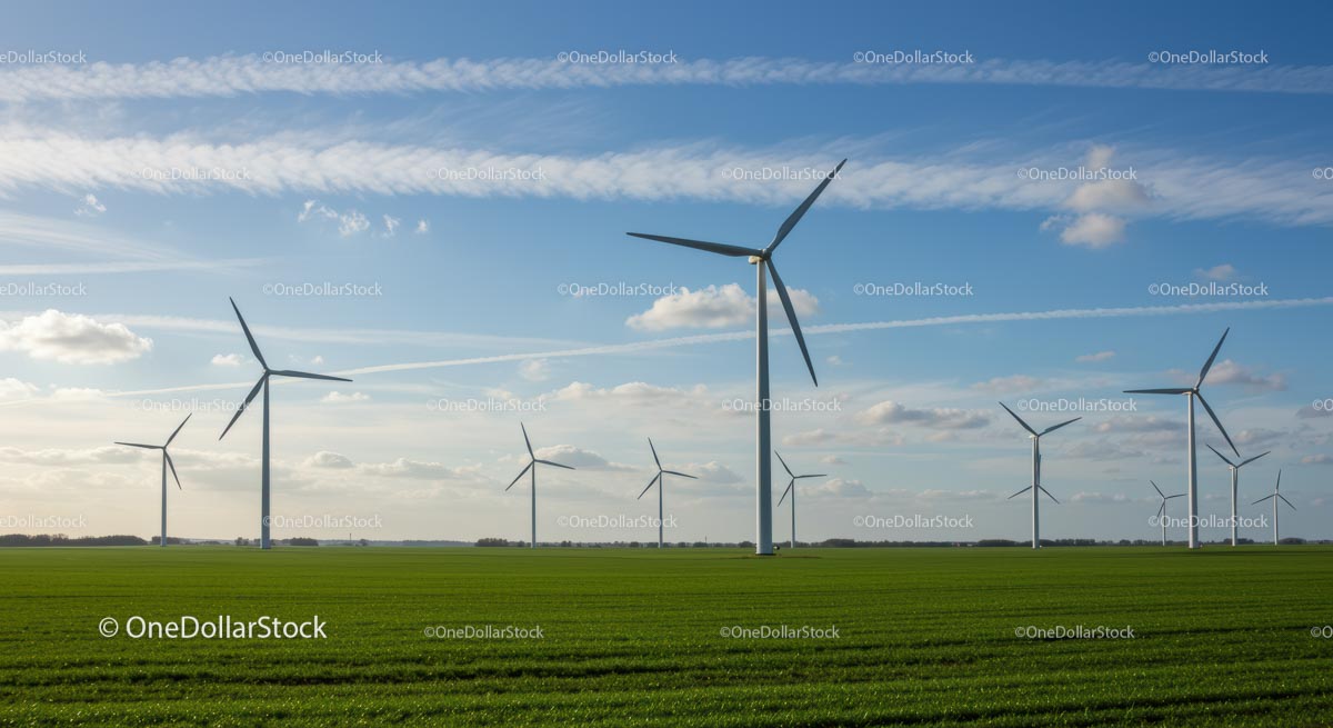 Wind Turbines in Green Field Under Blue Sky