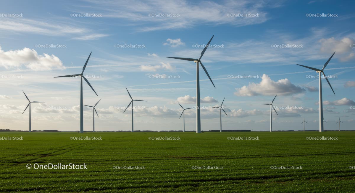 Turbiny wiatrowe na bujnych zielonych polach pod błękitnym niebem