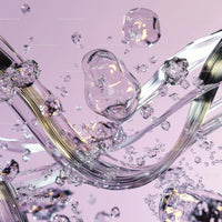 Dynamic Flow of Glass Elements on Purple Background