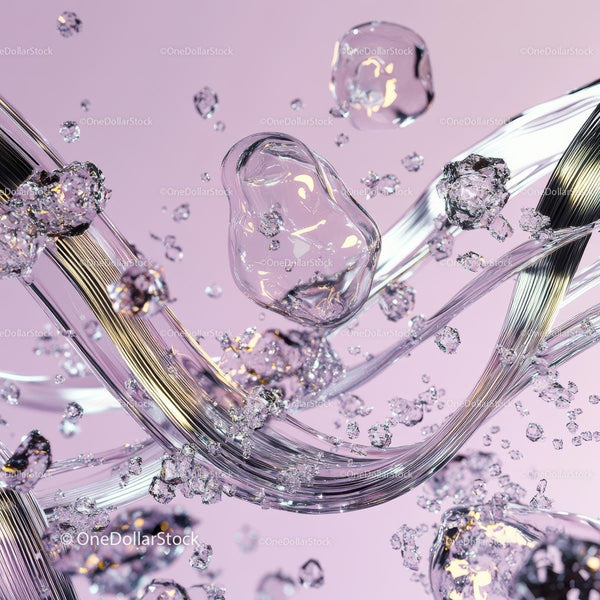 Dynamic Flow of Glass Elements on Purple Background