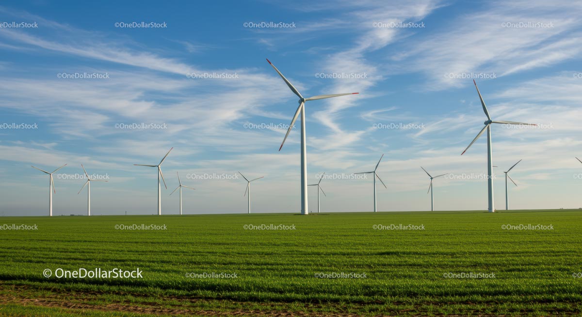 Wind Turbines Spinning Over Green Fields on a Sunny Day