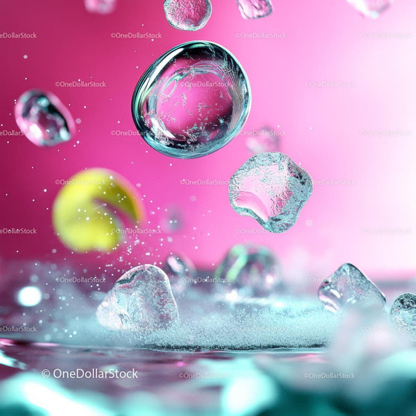 Floating Ice and Bubbles on Vibrant Pink Background