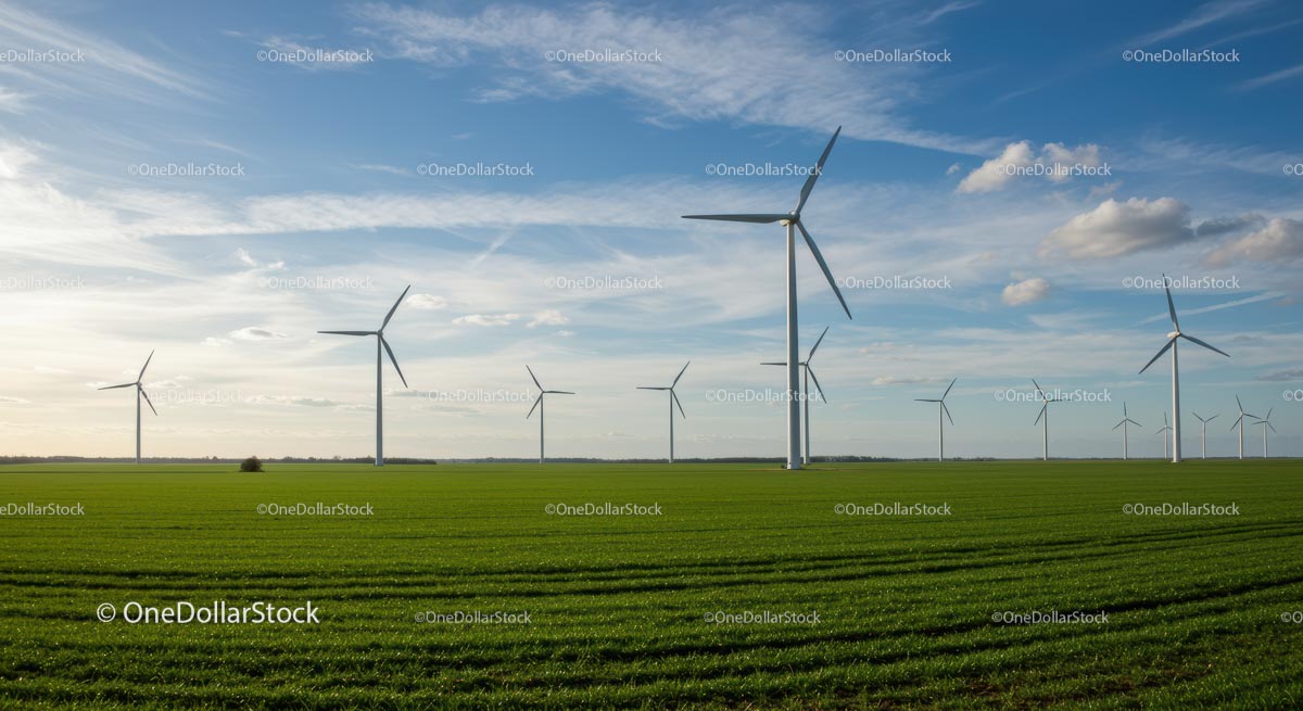 Wind Turbines Over a Green Field Under Blue Sky