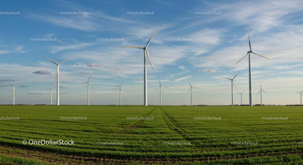 Wind Turbines on Green Field Under Blue Sky