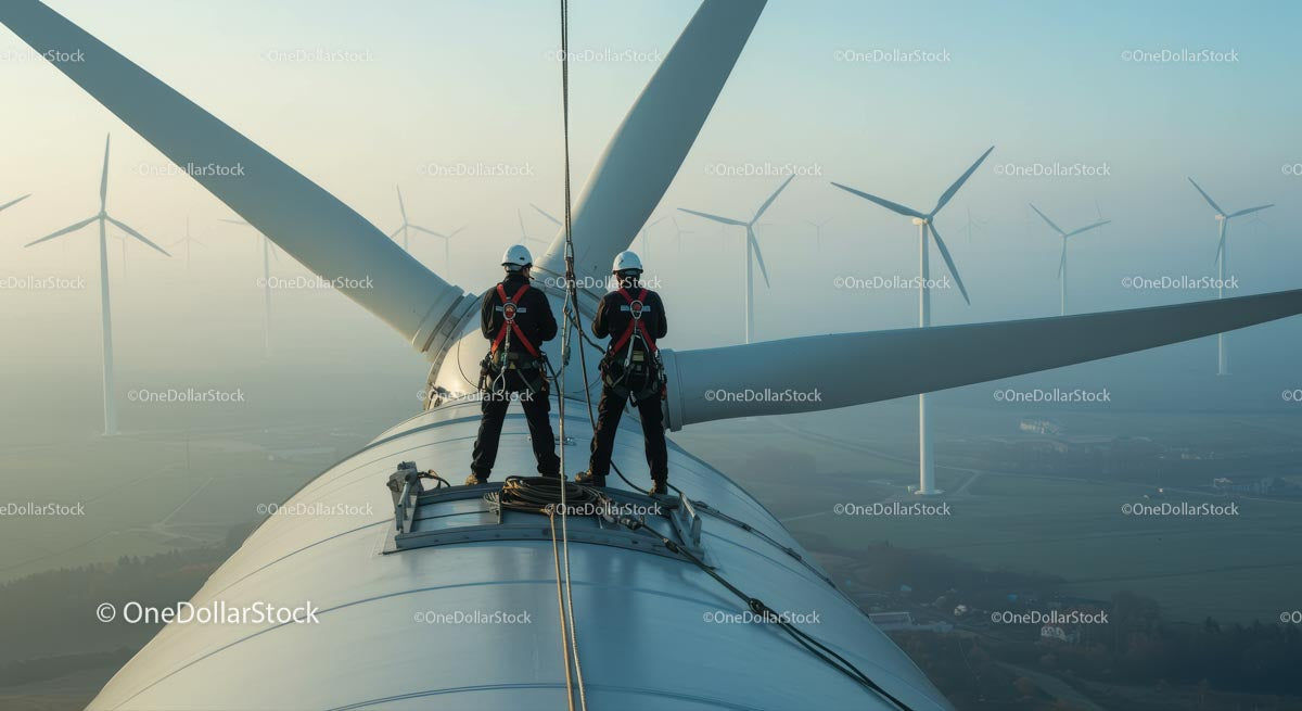 Engineers Maintaining Wind Turbine at Heights for Renewable Energy