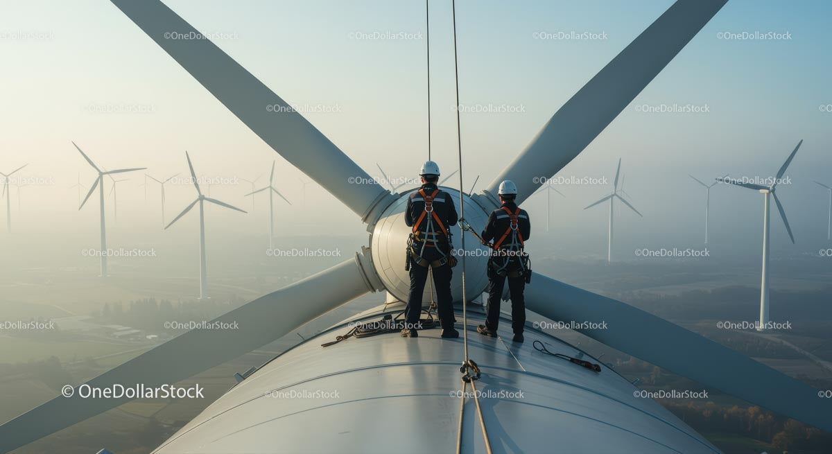 Technicians Inspecting Wind Turbine at Sunrise