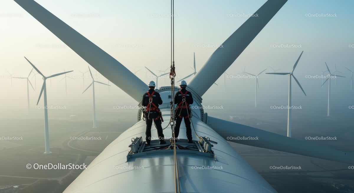 Engineers Maintaining Wind Turbine at Sunrise
