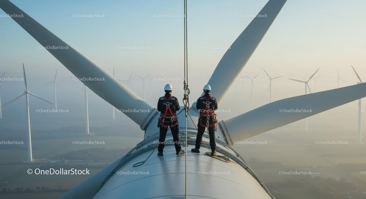Inżynierowie dokonują inspekcji turbiny wiatrowej o wschodzie słońca