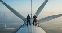 Engineers Inspecting Wind Turbine at Sunrise