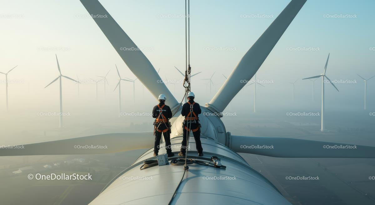 Engineers Maintaining Wind Turbine in Renewable Energy Farm