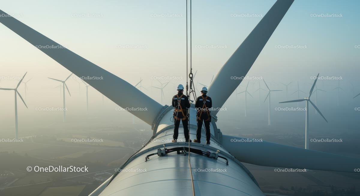 Engineers Maintaining Wind Turbine at Sunrise