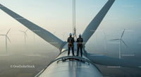 Engineers Maintaining Wind Turbine at Sunrise