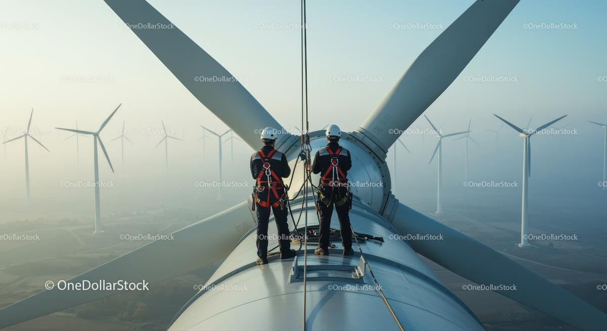 Engineers Inspecting Wind Turbine in Foggy Wind Farm