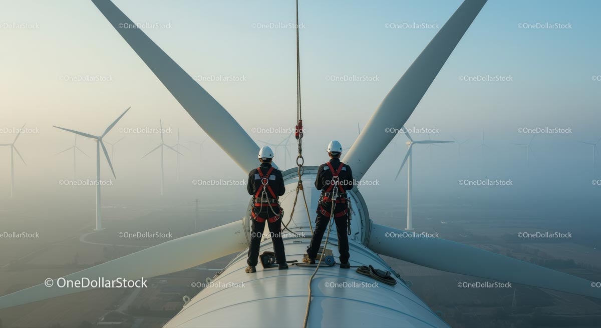 Technicians Inspecting Wind Turbine at Sunrise