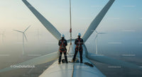 Technicians Inspecting Wind Turbine at Sunrise