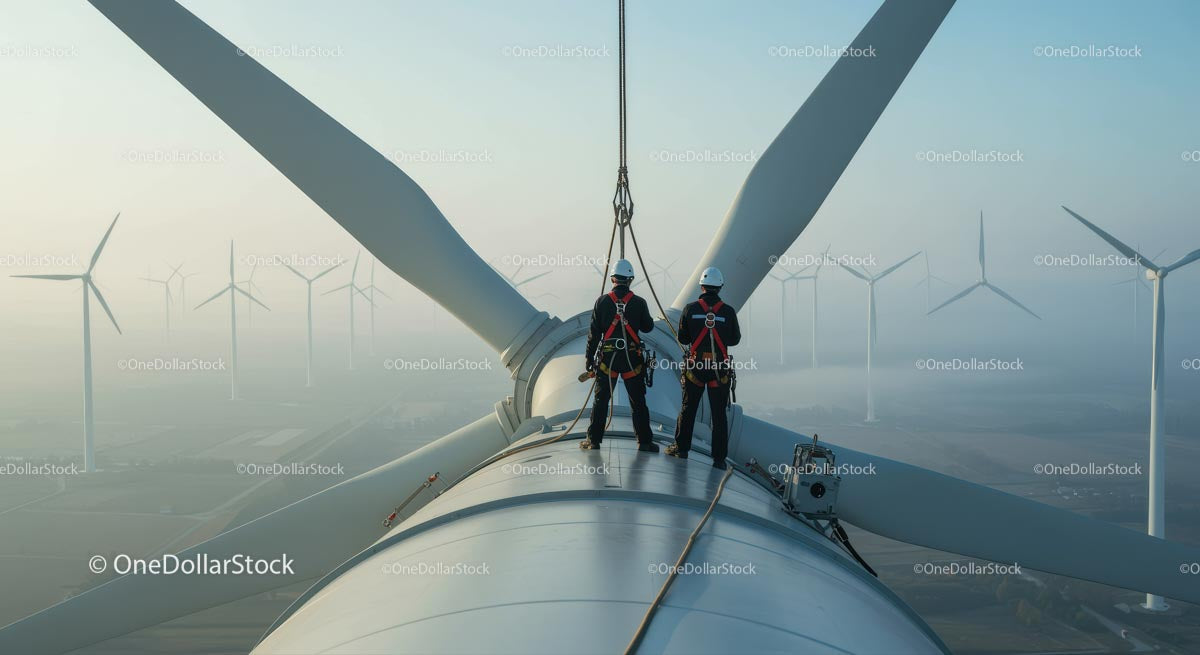 Workers Maintaining Wind Turbine on a Foggy Wind Farm