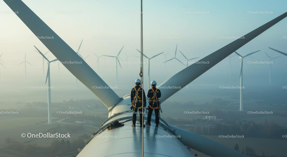 Engineers Inspecting Wind Turbine at Elevated Height