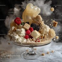 Explosive Dessert with Berries and Sugar in Motion