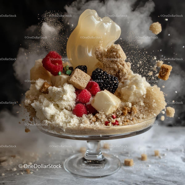 Explosive Dessert with Berries and Sugar in Motion