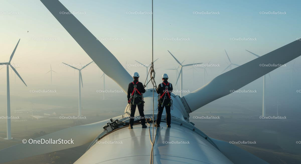Inżynierowie dokonują inspekcji turbiny wiatrowej o wschodzie słońca we mgle