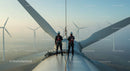 Engineers Inspecting Wind Turbine at Sunrise in Fog