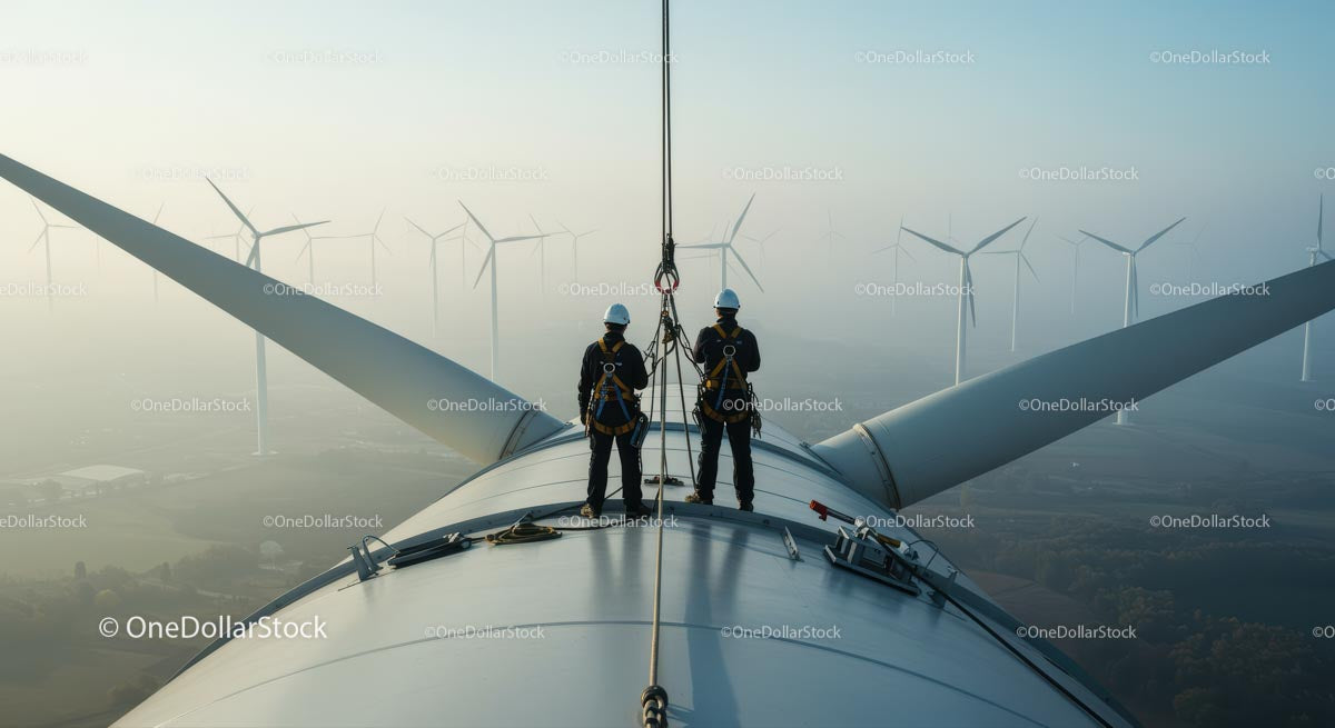 Inżynierowie dokonują inspekcji turbiny wiatrowej na mglistej farmie wiatrowej