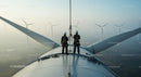 Engineers Inspecting Wind Turbine on Foggy Wind Farm