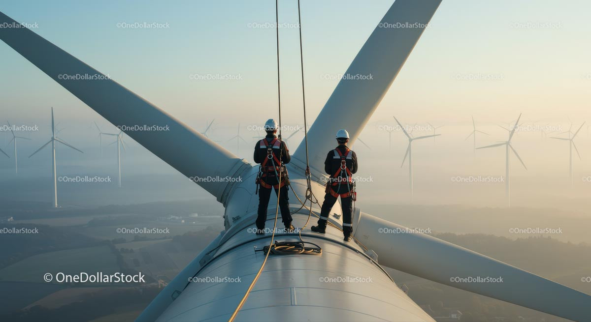 Engineers Performing Maintenance on Wind Turbine at Sunrise