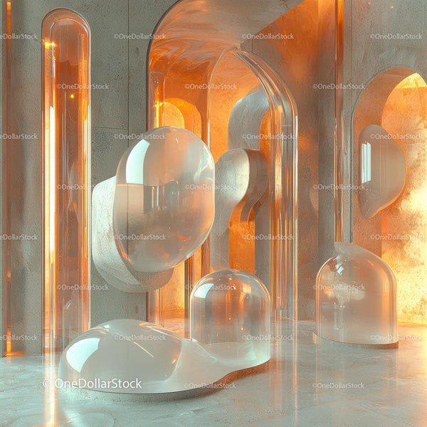 Futuristic Interior with Glass Sculptures and Warm Lighting