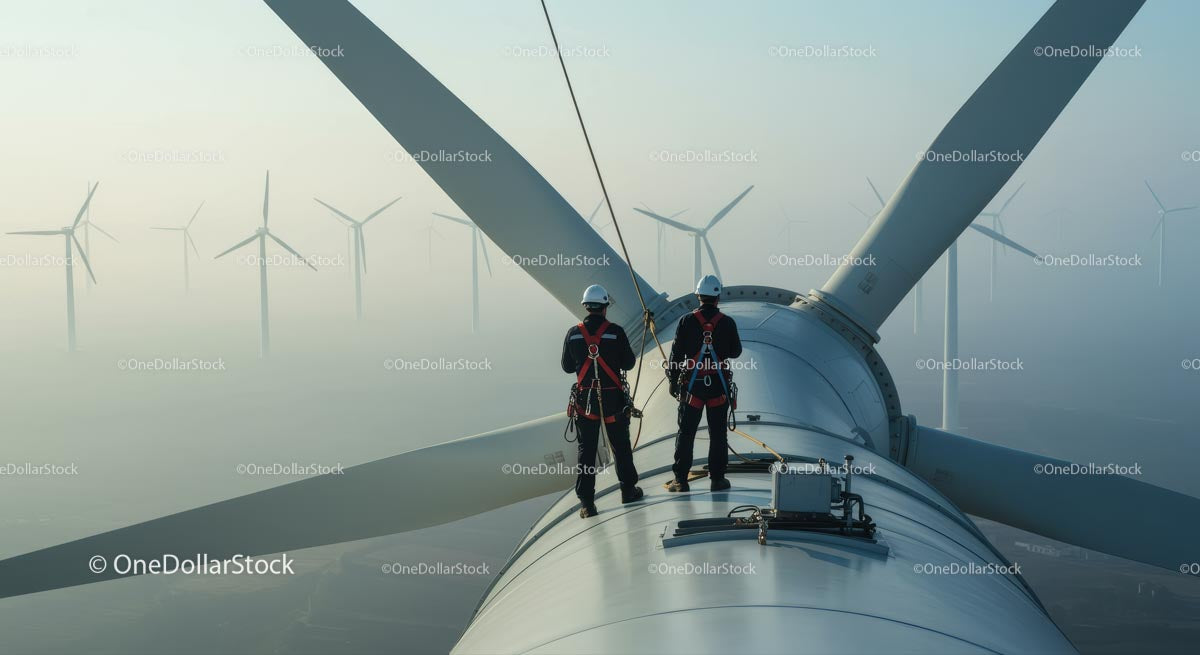 Engineers Inspecting Wind Turbine at Sunrise