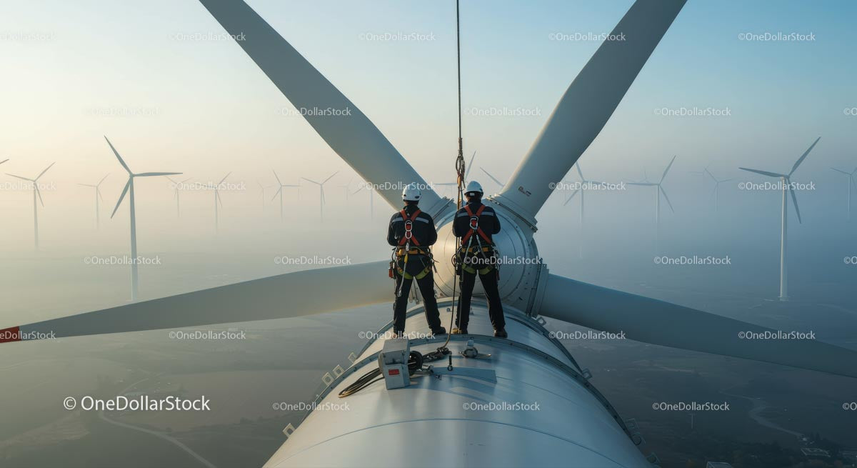 Engineers Performing Maintenance on Wind Turbine at Sunrise