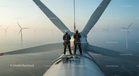 Engineers Performing Maintenance on Wind Turbine at Sunrise