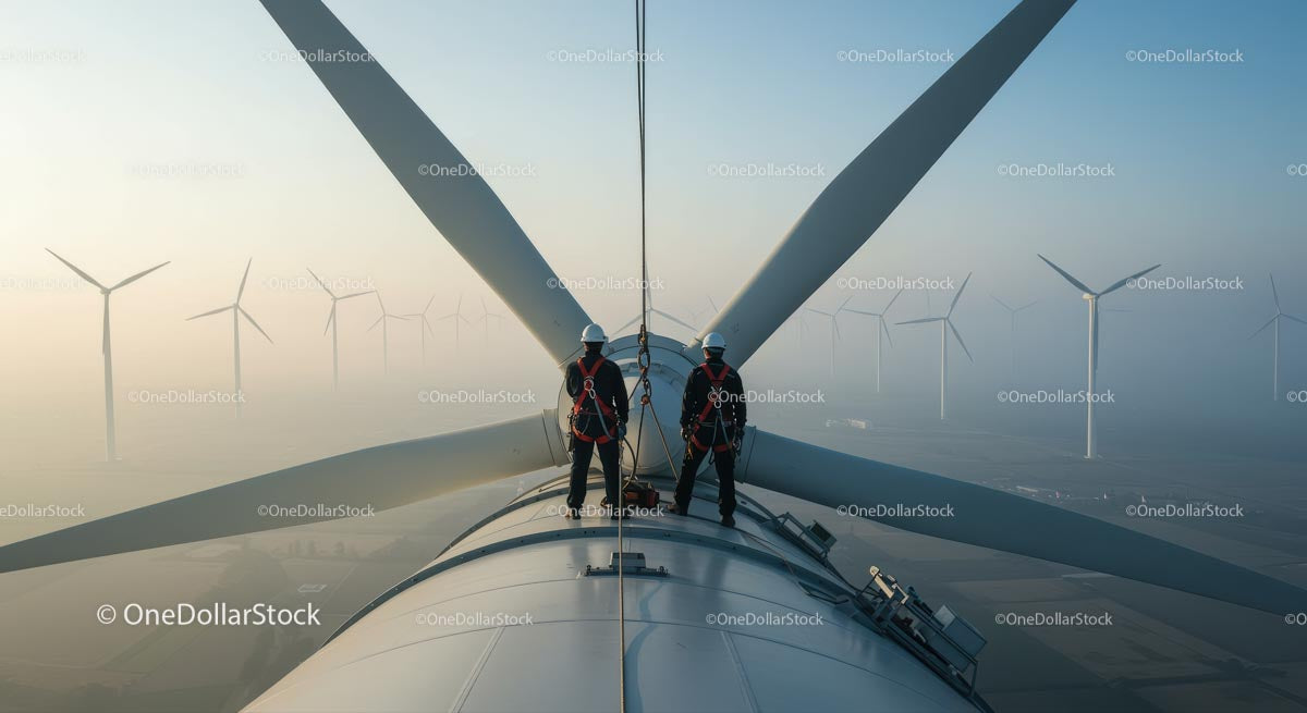 Engineers Inspecting Wind Turbine on Foggy Morning