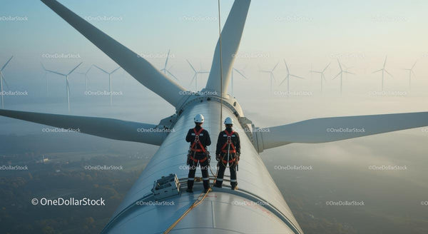 Inżynierowie na turbinie wiatrowej dbają o bezpieczną energię odnawialną
