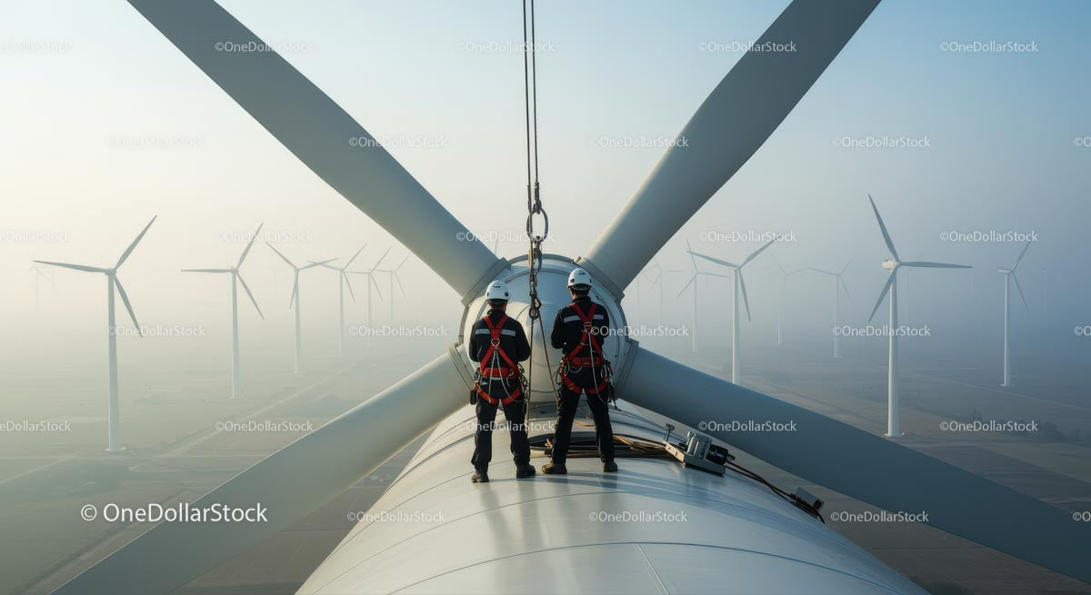 Engineers Inspecting Wind Turbine at Sunrise