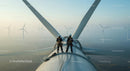 Engineers Conducting Maintenance on Wind Turbine at Sunrise