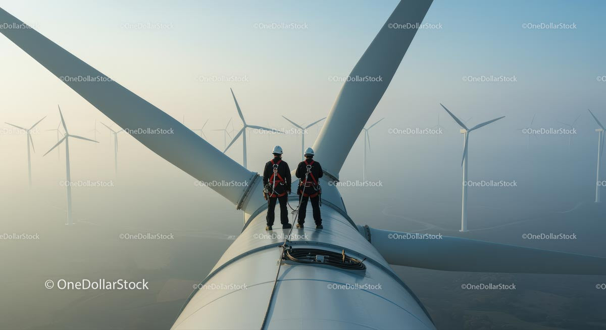 Engineers Conducting Maintenance on Wind Turbine at Sunrise