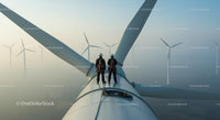 Engineers Conducting Maintenance on Wind Turbine at Sunrise