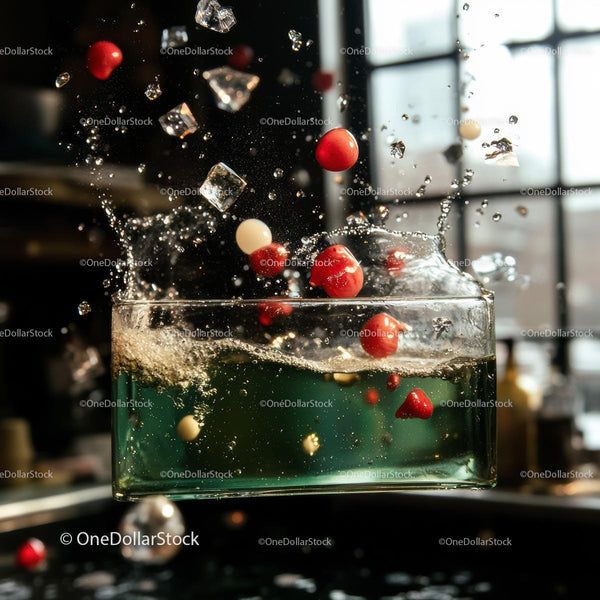 Cherry Tomatoes and Ice Splashing in Glass Tank