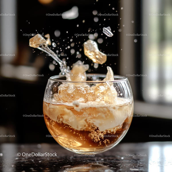 Refreshing Splash of Whiskey with Ice Cubes in Motion