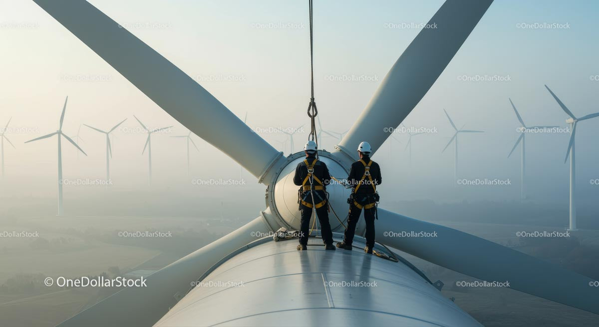 Engineers Inspecting Wind Turbine on a Foggy Morning
