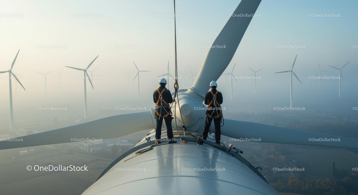 Engineers Inspecting Wind Turbine at Sunrise